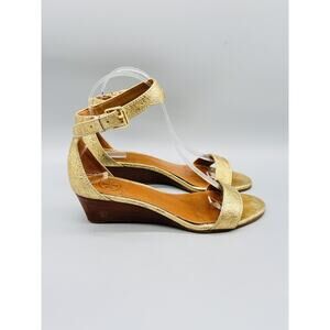 Tory Burch Sandals Womens 6 Gold Leather Wedge Ankle Strap Buckle Open Toe Shoes